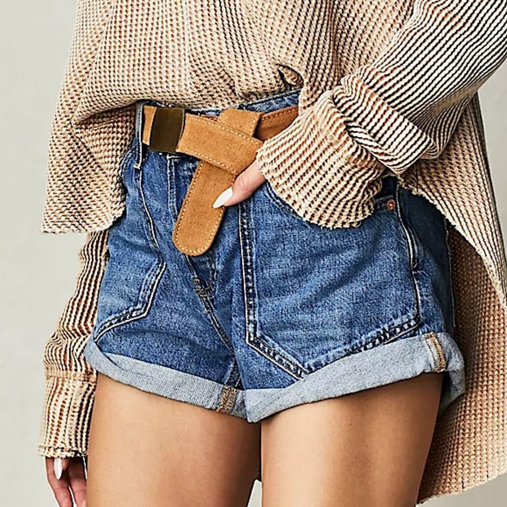 Free People Blue Denim High-Rise Jean Shorts with Tan Belt